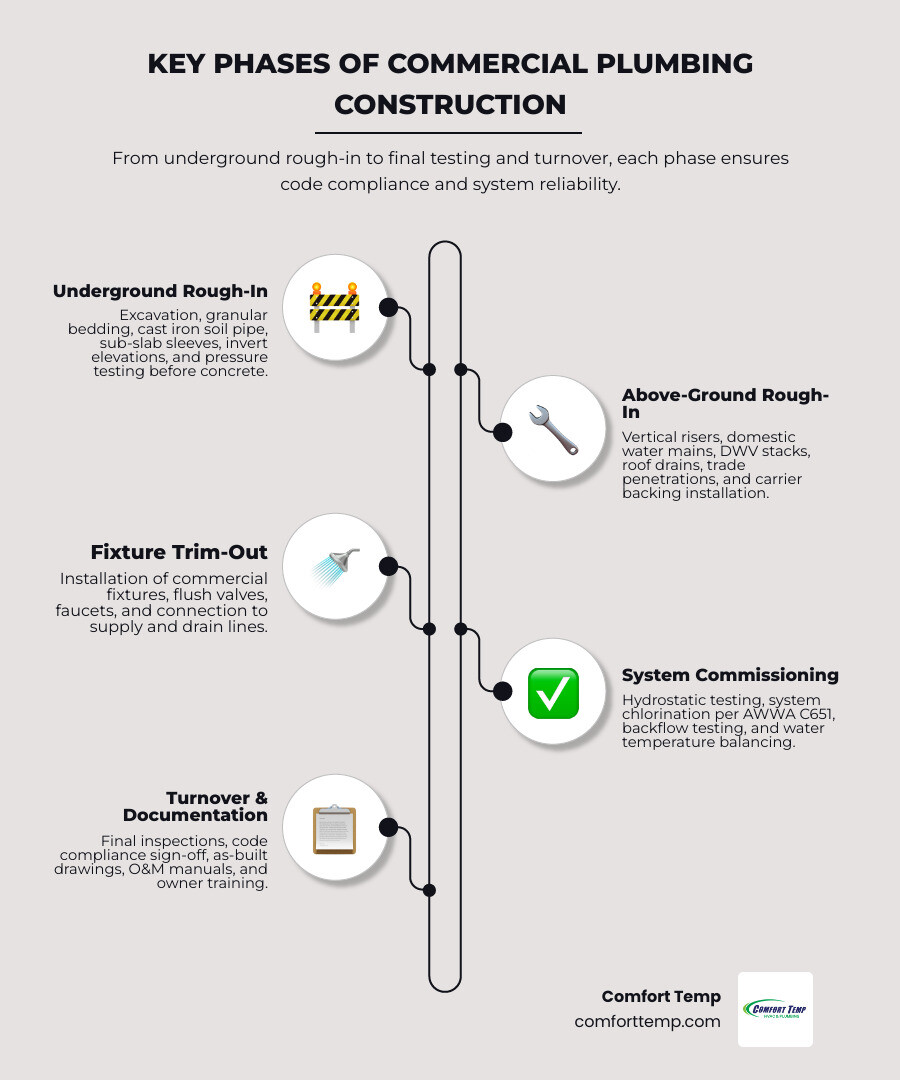 Key phases of commercial plumbing construction: underground rough-in, above-ground rough-in, trim, testing infographic Key phases of commercial plumbing construction: underground rough-in, above-ground rough-in, trim, testing infographic