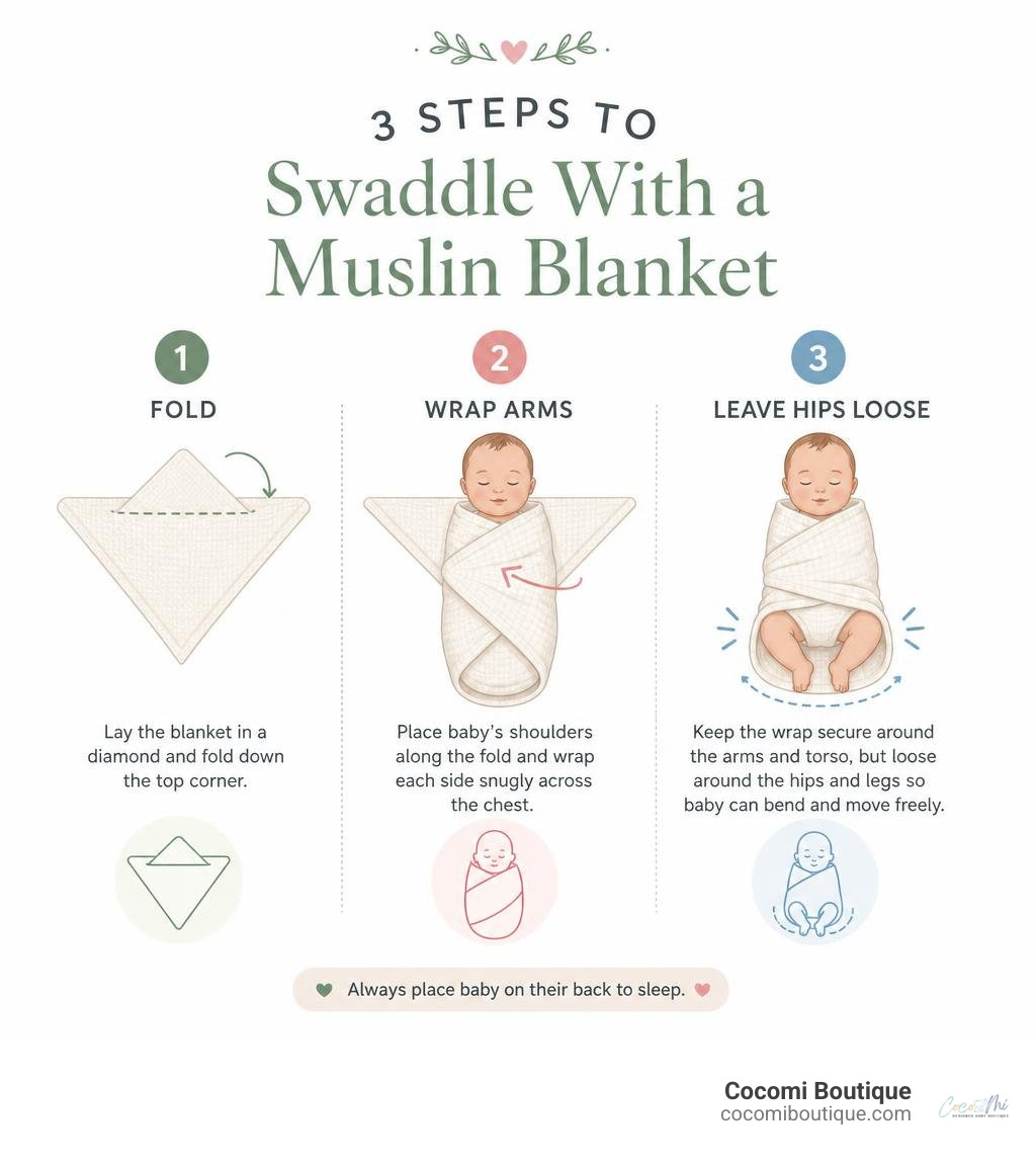 Three steps to swaddle with a muslin blanket: fold, wrap arms, leave hips loose infographic