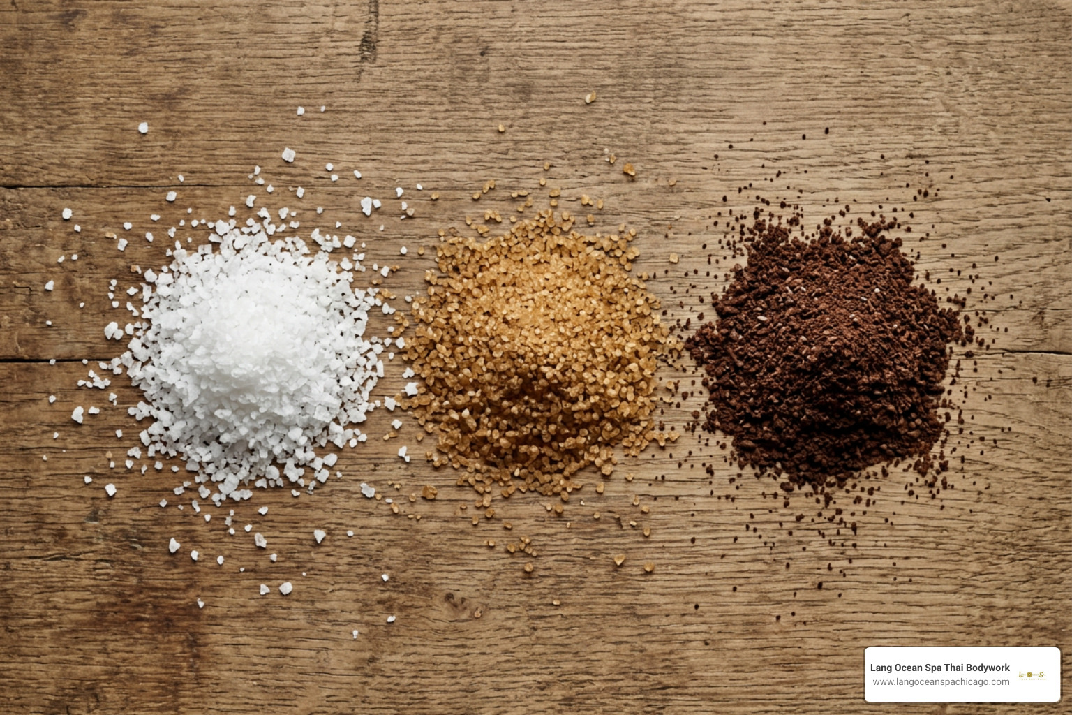 Natural scrub bases including sea salt, raw brown sugar, and ground coffee