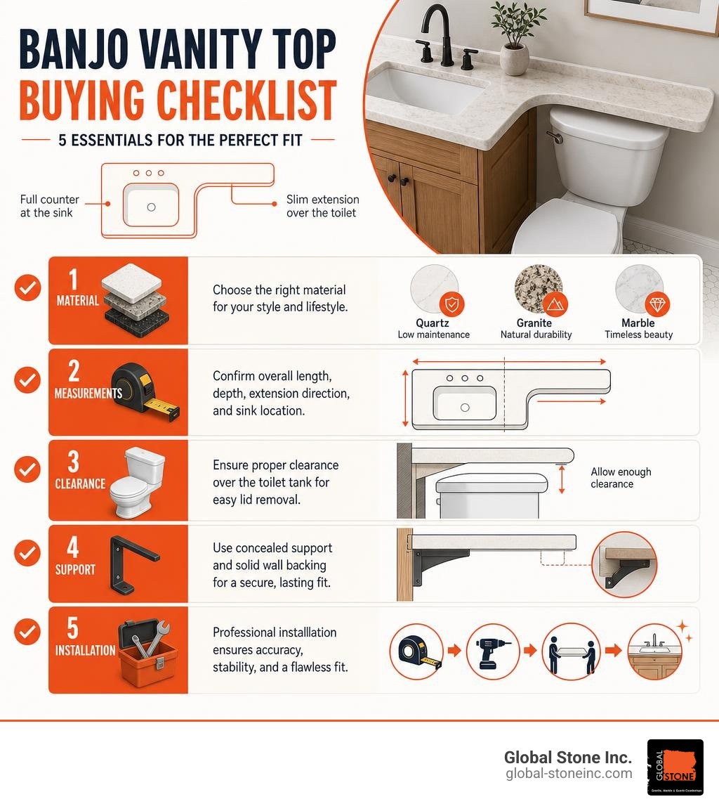 Banjo vanity top buying checklist: material, measurements, clearance, support, and installation infographic Banjo vanity top buying checklist: material, measurements, clearance, support, and installation infographic