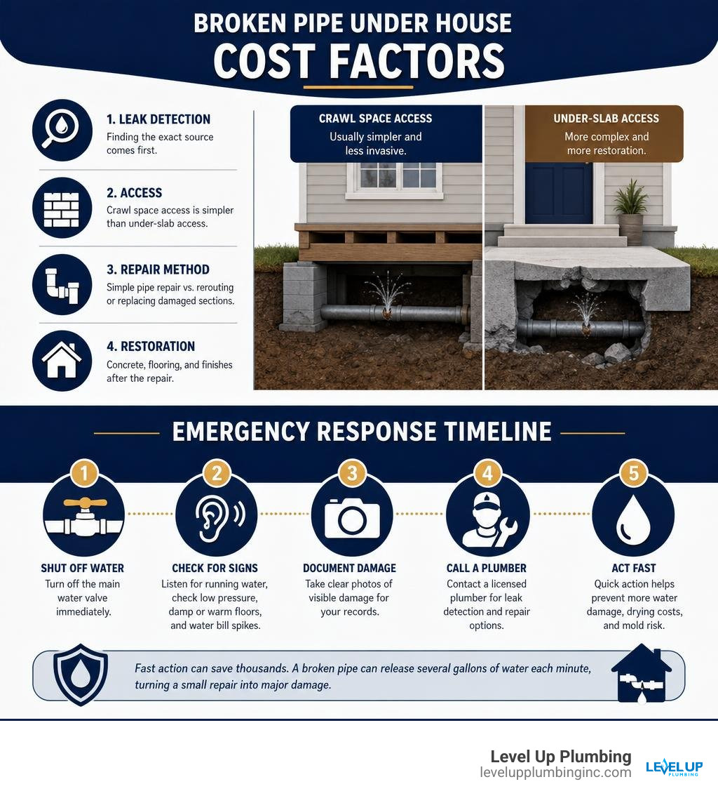 Broken pipe under house cost factors and emergency response timeline infographic Broken pipe under house cost factors and emergency response timeline infographic