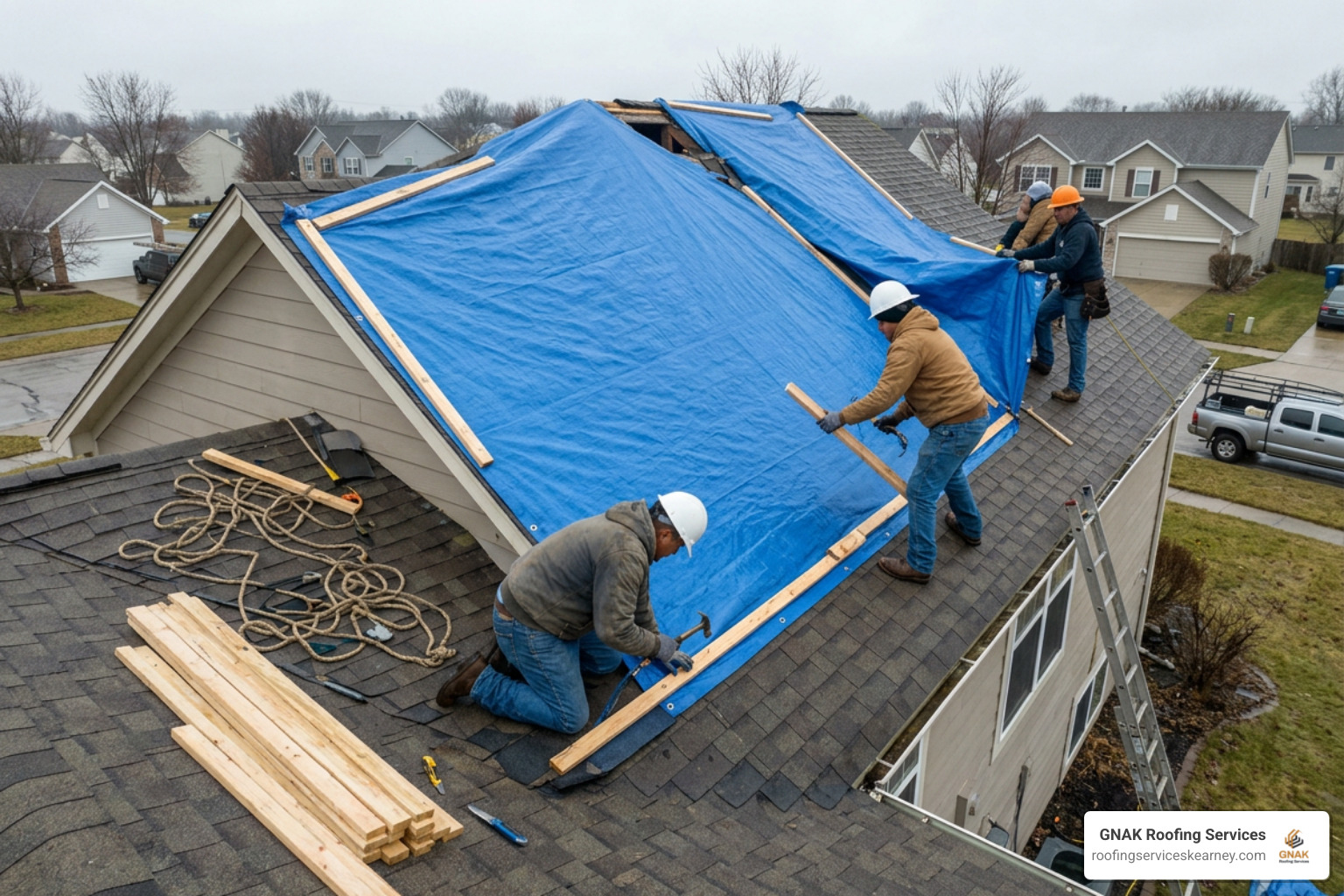 emergency roof tarping with wooden battens