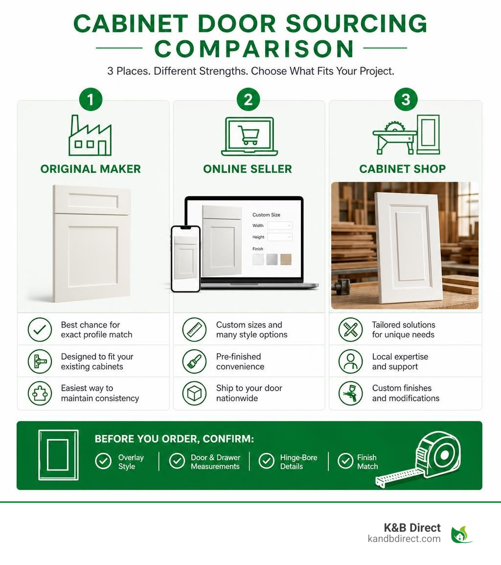 Cabinet door sourcing comparison: original maker, online seller, and cabinet shop infographic