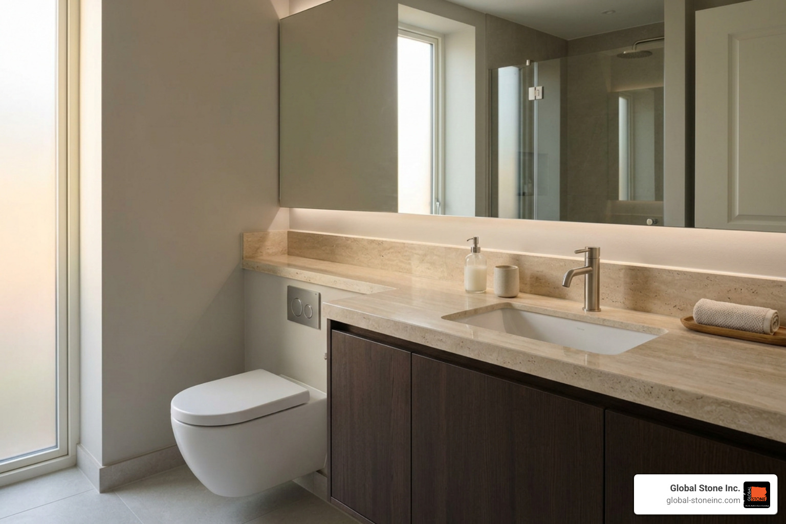 Modern bathroom with seamless banjo countertop and full-width wall mirror Modern bathroom with seamless banjo countertop and full-width wall mirror