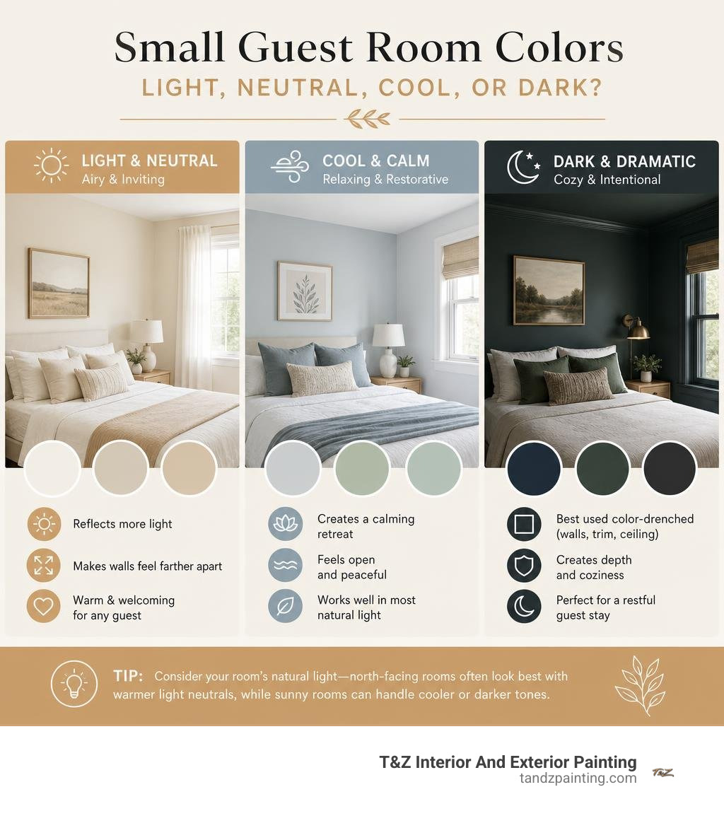 Infographic comparing light neutral cool and dark small guest room colors infographic Infographic comparing light neutral cool and dark small guest room colors infographic