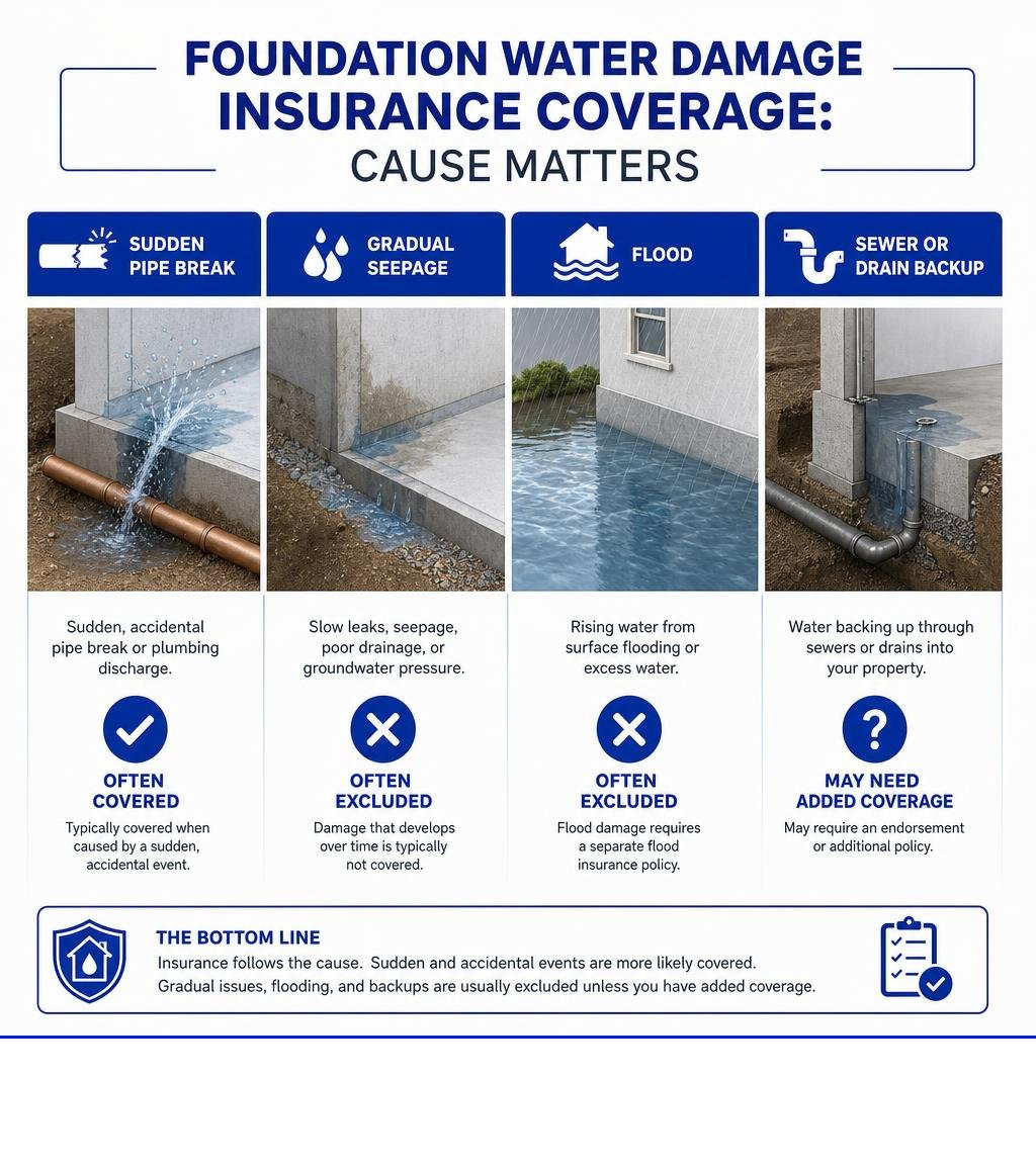 Foundation water damage insurance coverage: sudden pipe break vs gradual seepage, flood, and sewer backup infographic Foundation water damage insurance coverage: sudden pipe break vs gradual seepage, flood, and sewer backup infographic