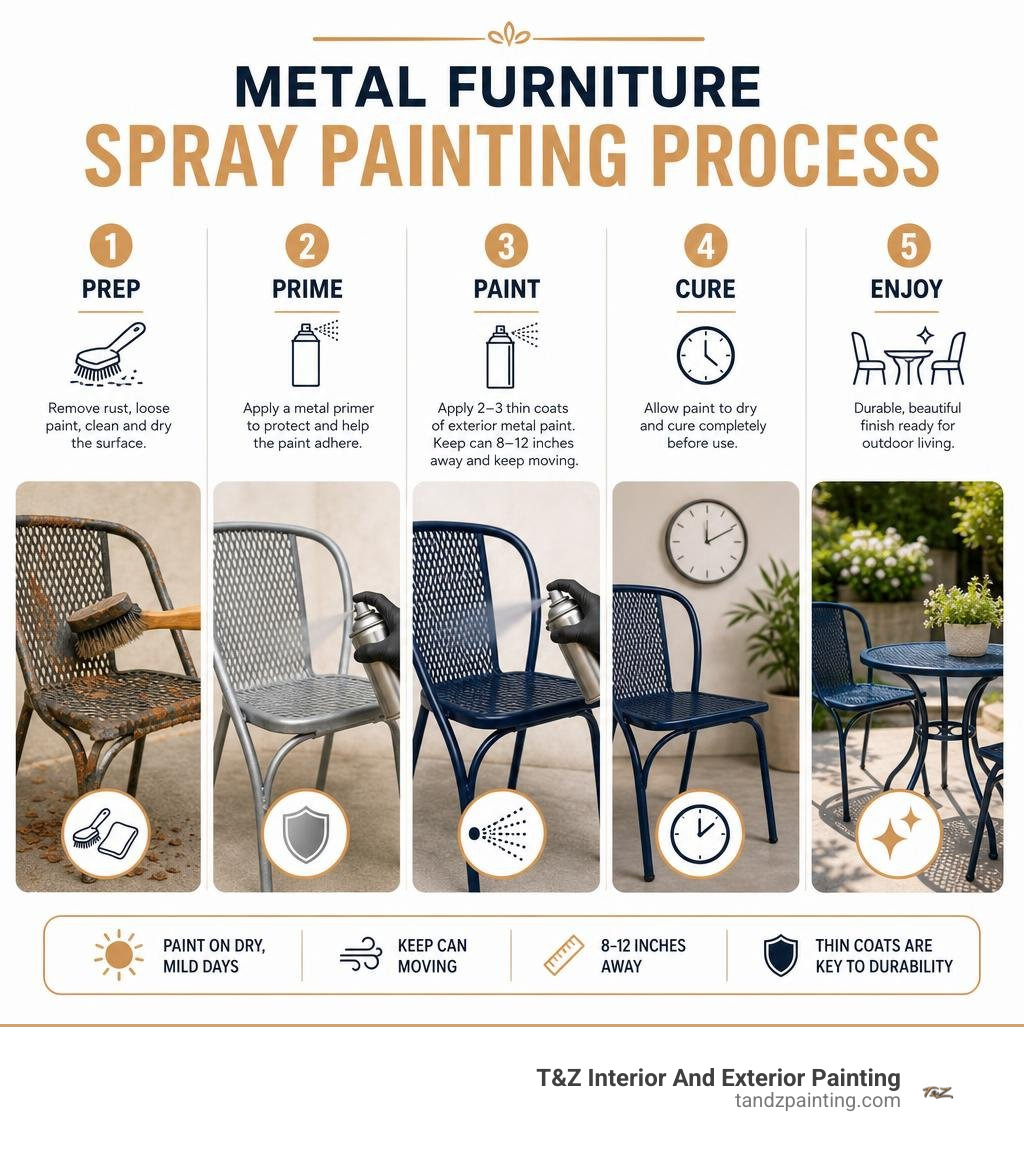 Metal furniture spray painting prep primer paint cure process infographic Metal furniture spray painting prep primer paint cure process infographic