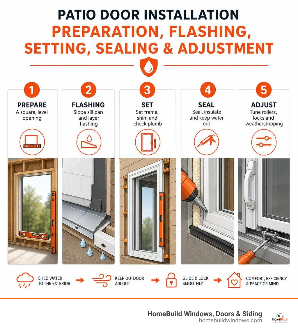 Patio door installation preparation flashing setting sealing and adjustment infographic