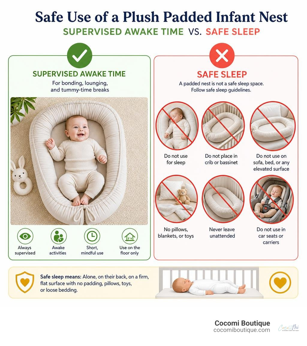 Safe use of a plush padded infant nest: supervised awake time versus safe sleep infographic
