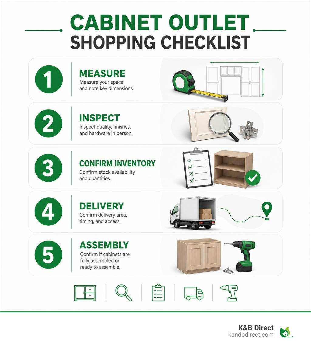 Cabinet outlet shopping checklist: measure, inspect, confirm inventory, delivery, and assembly infographic Cabinet outlet shopping checklist: measure, inspect, confirm inventory, delivery, and assembly infographic