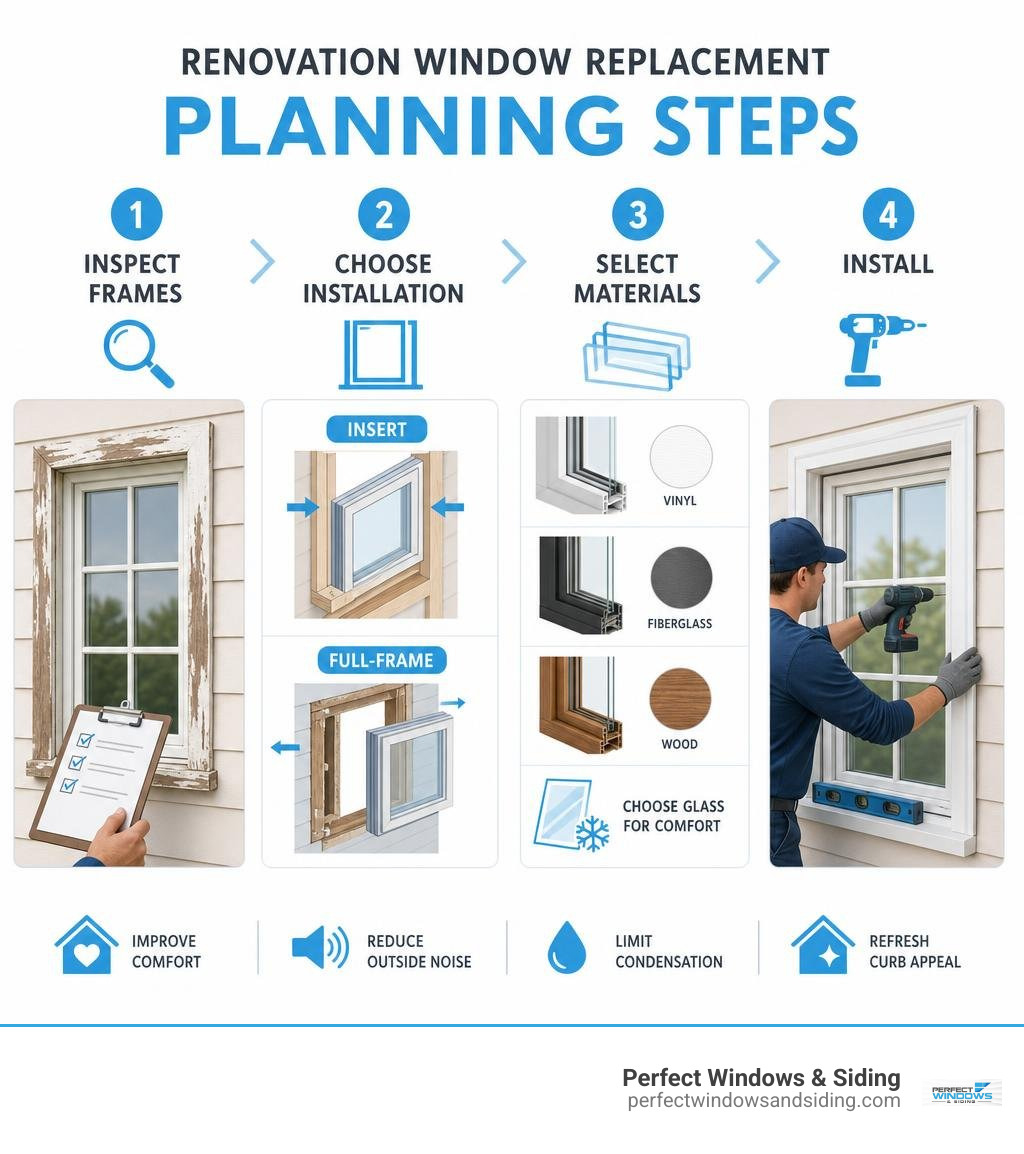 Renovation window replacement planning steps: inspect frames, choose installation, select materials, install infographic