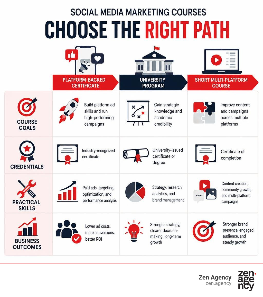 Infographic comparing course goals, credentials, practical skills, and business outcomes infographic Infographic comparing course goals, credentials, practical skills, and business outcomes infographic