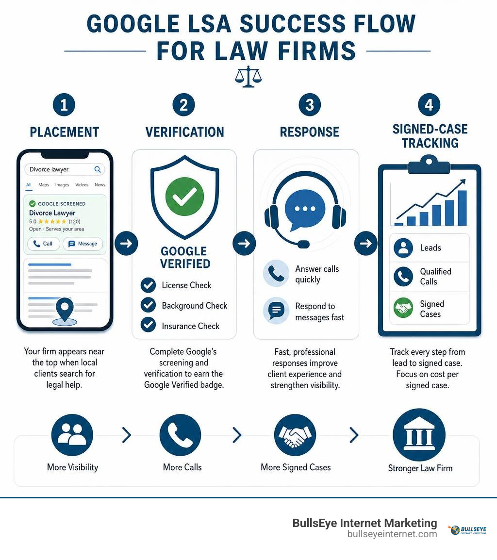 Google LSA placement, verification, response, and signed-case tracking infographic Google LSA placement, verification, response, and signed-case tracking infographic