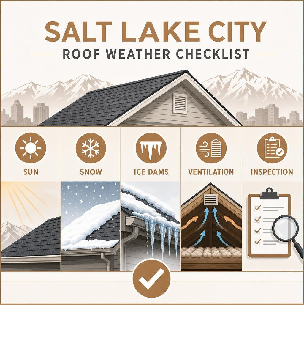 Salt Lake City roof weather checklist: sun, snow, ice dams, ventilation, inspection infographic Salt Lake City roof weather checklist: sun, snow, ice dams, ventilation, inspection infographic