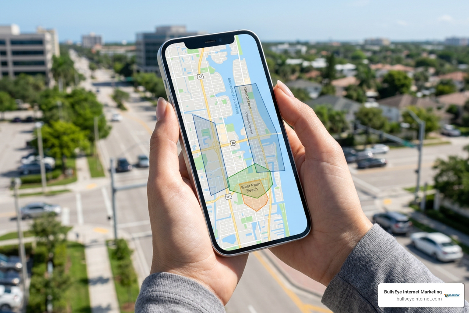 Smartphone displaying a map of West Palm Beach highlighting geo-targeting areas for PPC campaigns.