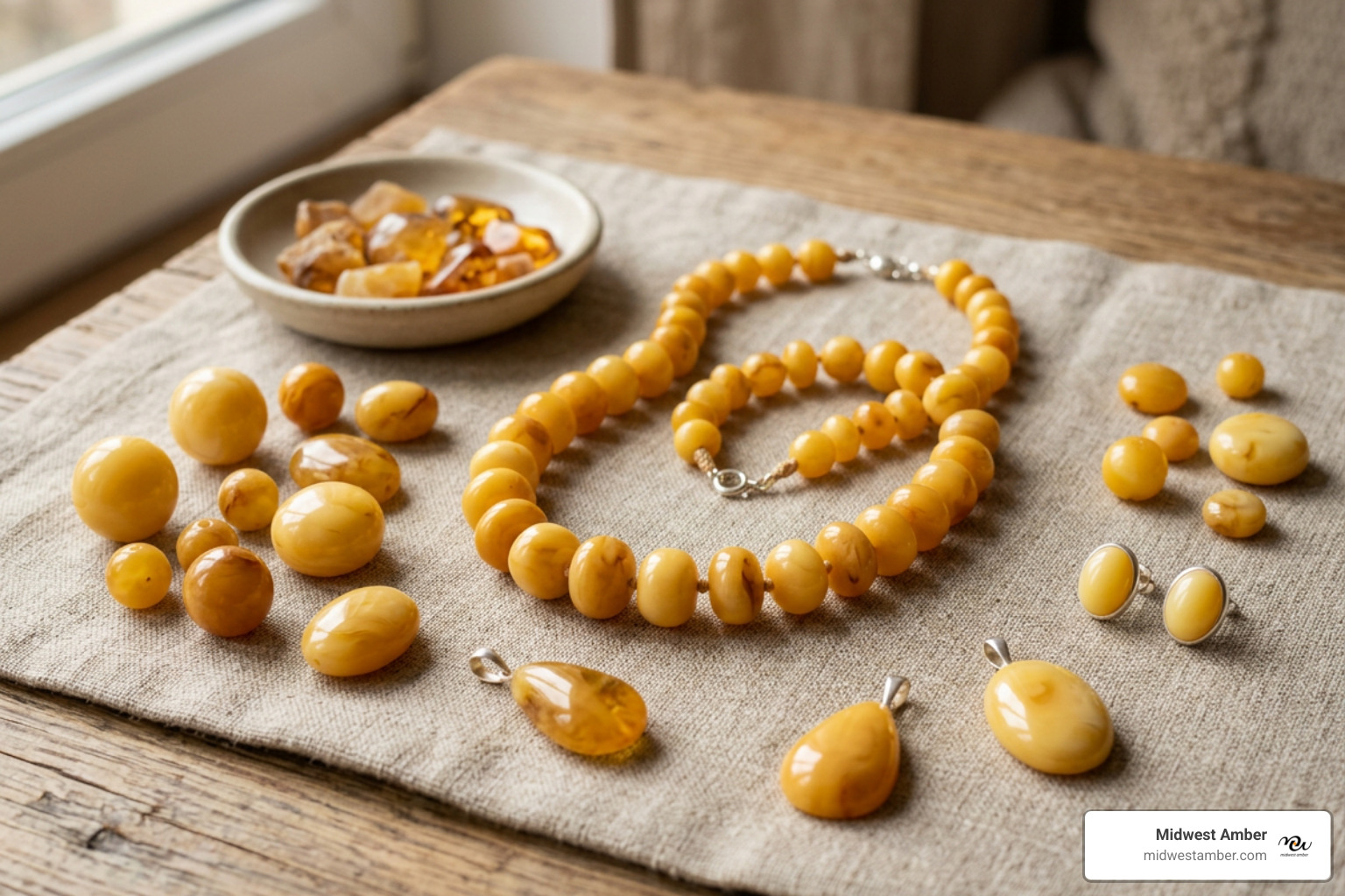 Opaque butterscotch and egg yolk amber jewelry pieces