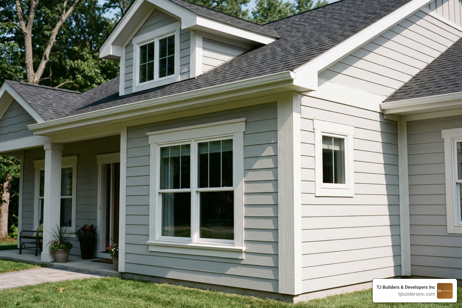 Various trim board sizes applied to window surrounds and exterior corners Various trim board sizes applied to window surrounds and exterior corners