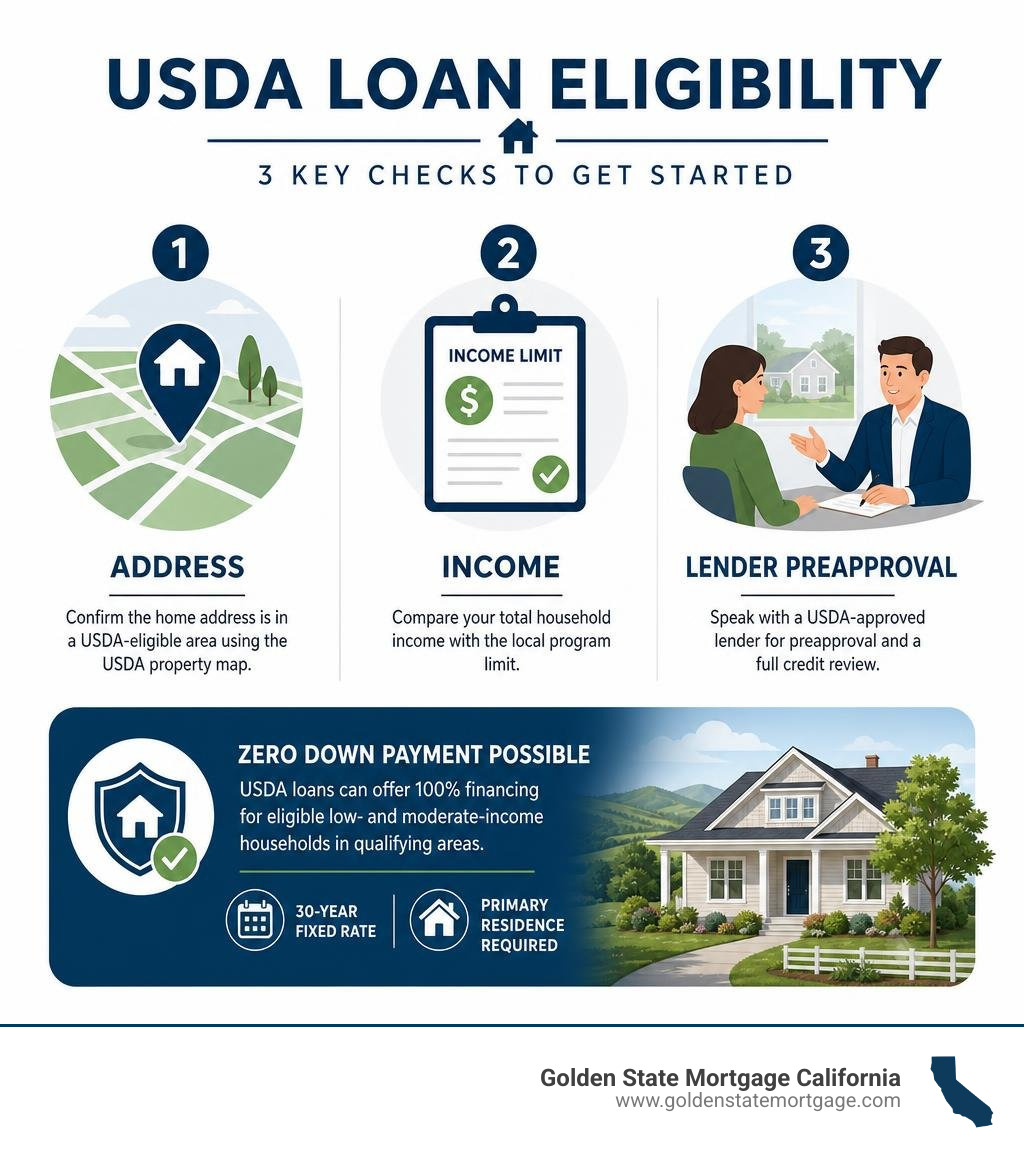 USDA loan eligibility: address, income, lender preapproval infographic