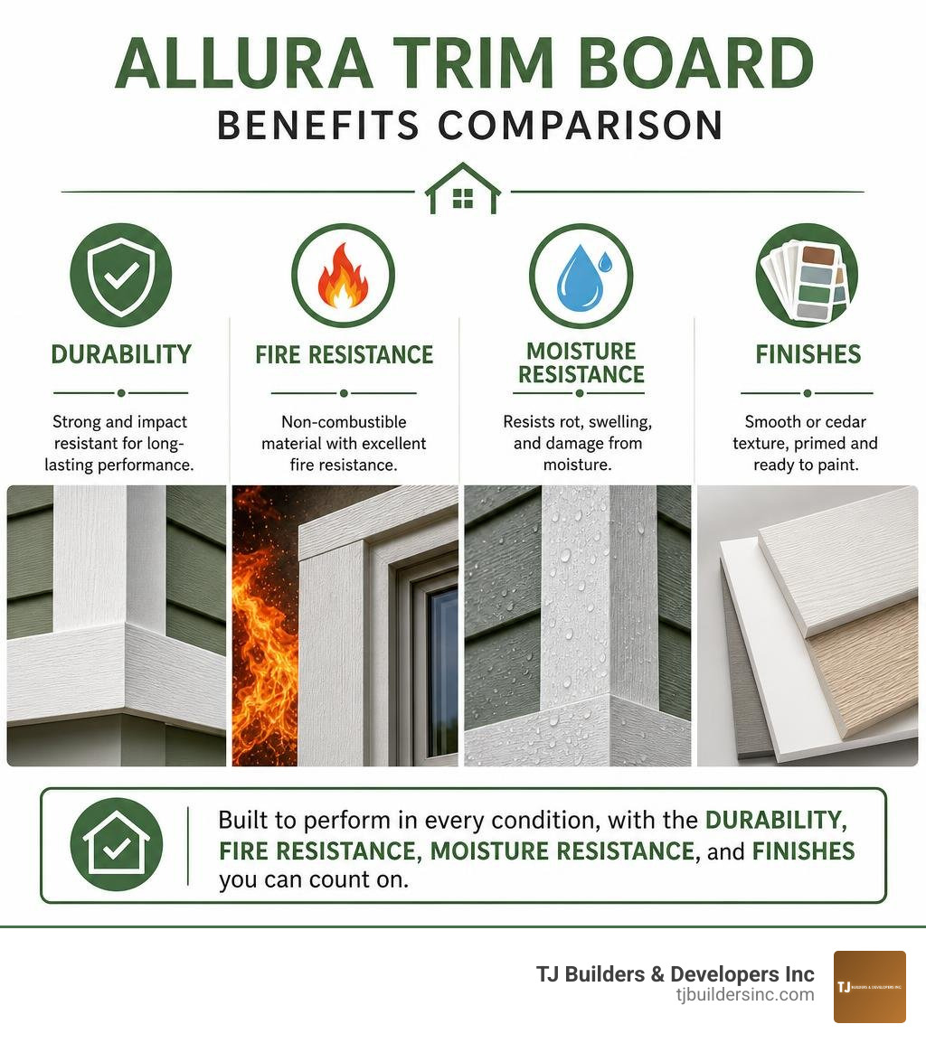 Allura trim board benefits comparison: durability fire resistance moisture resistance finishes infographic Allura trim board benefits comparison: durability fire resistance moisture resistance finishes infographic