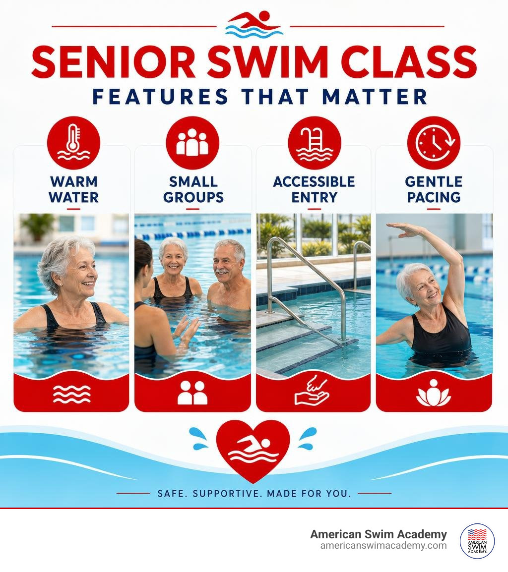 infographic comparing senior swim class features: warm water, small groups, accessible entry, gentle pacing infographic infographic comparing senior swim class features: warm water, small groups, accessible entry, gentle pacing infographic