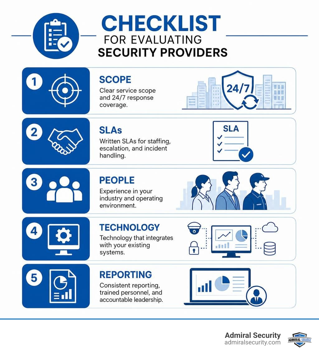 Checklist for evaluating security providers: scope, SLAs, people, technology, reporting infographic Checklist for evaluating security providers: scope, SLAs, people, technology, reporting infographic
