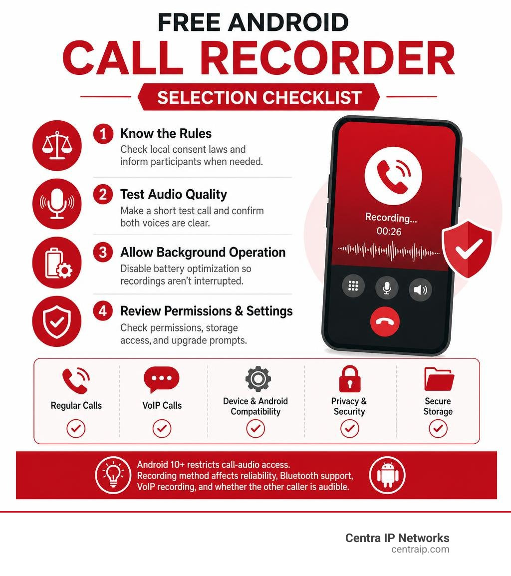 Free Android call recorder selection checklist infographic Free Android call recorder selection checklist infographic