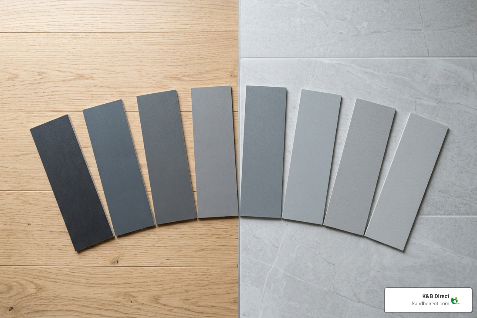 grey vinyl baseboard color swatches arranged against light oak and tile flooring