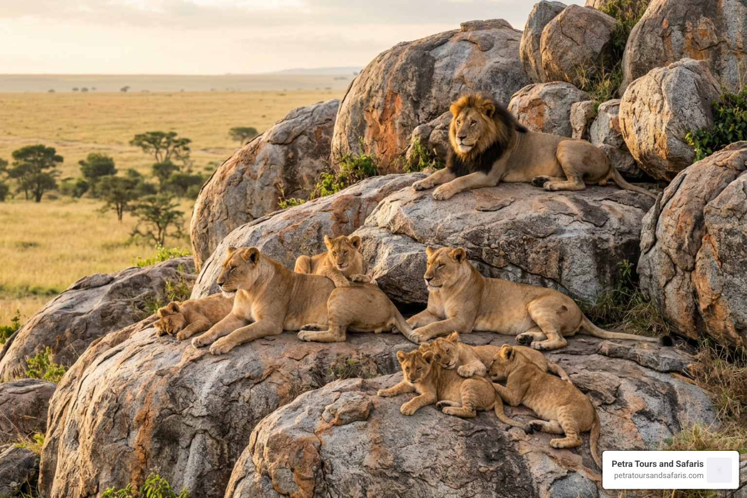 Lion pride resting on granite kopjes Lion pride resting on granite kopjes