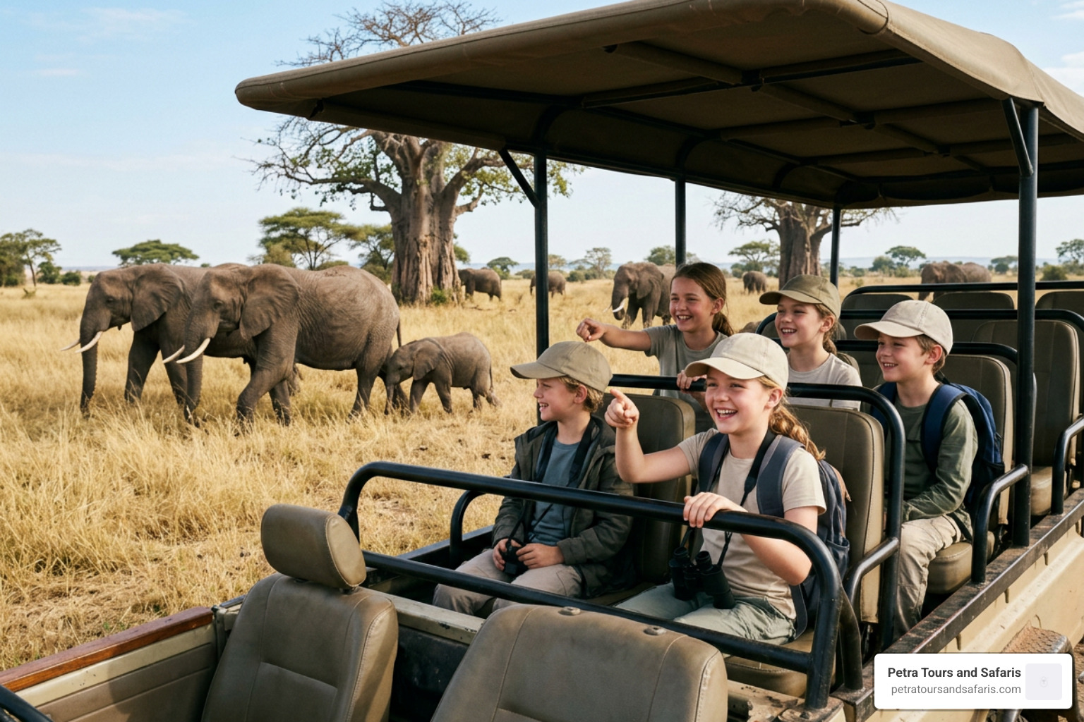 children observing elephants in Tarangire National Park