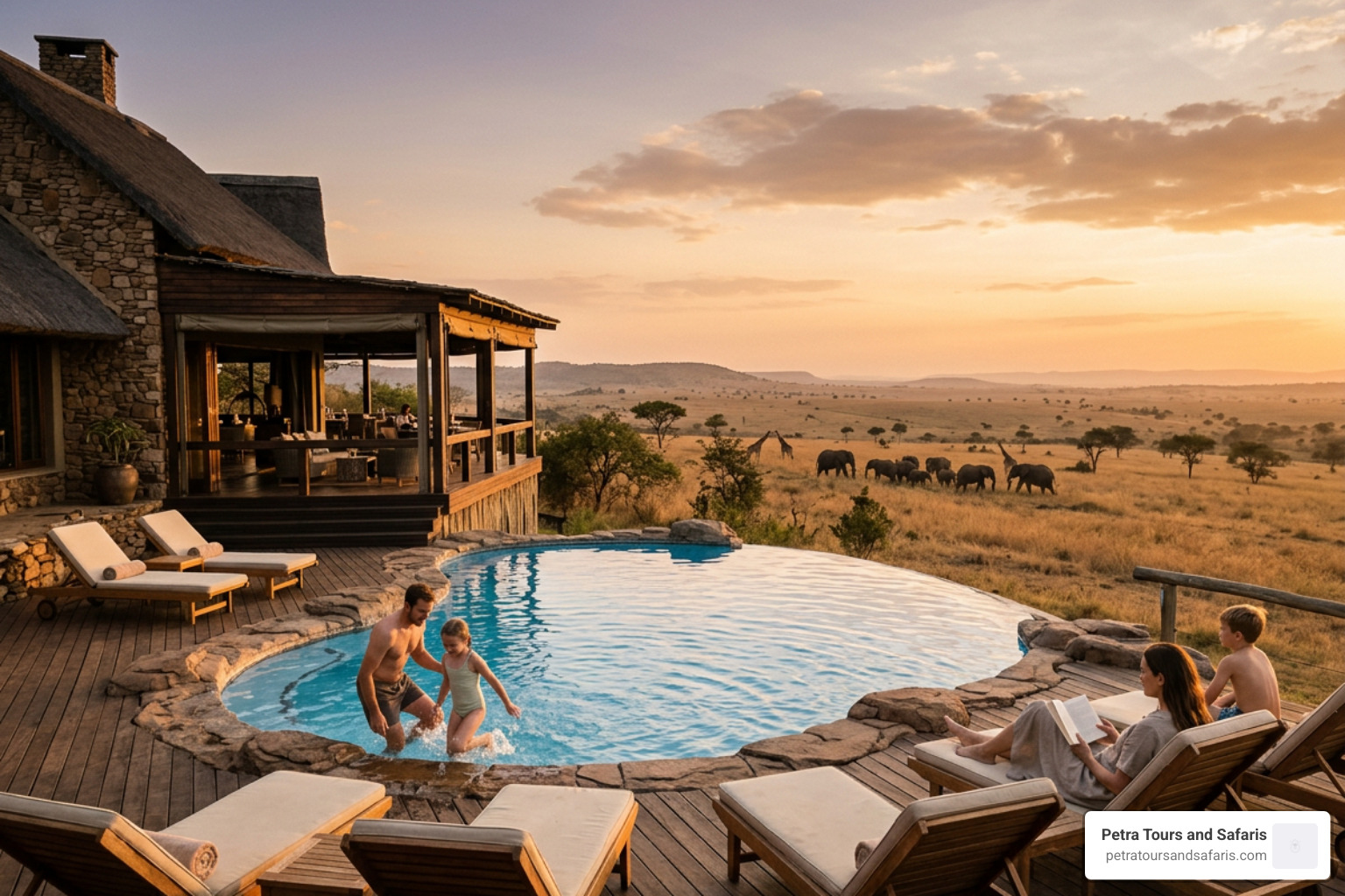 family safari lodge with swimming pool overlooking the savanna