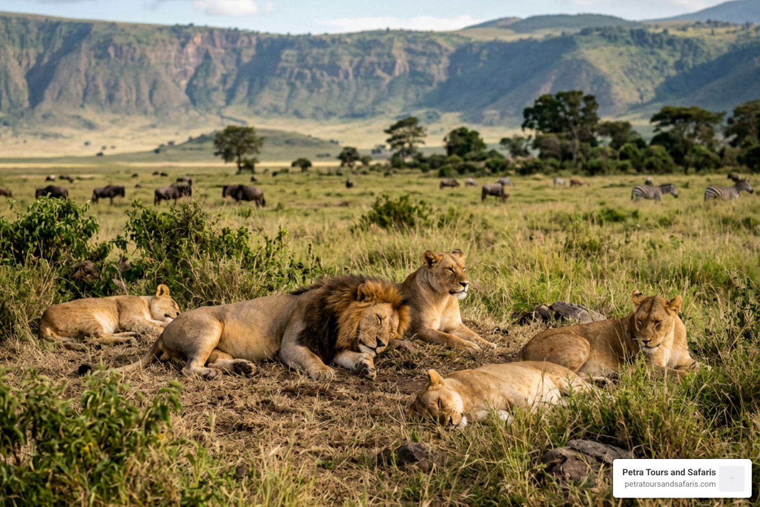 Lions resting near the grass in the Ngorongoro Crater