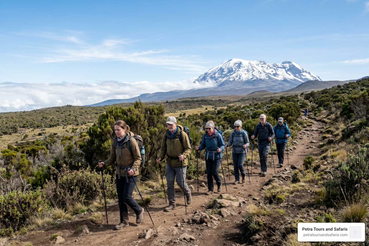 Hikers trekking along the scenic Lemosho Route approach