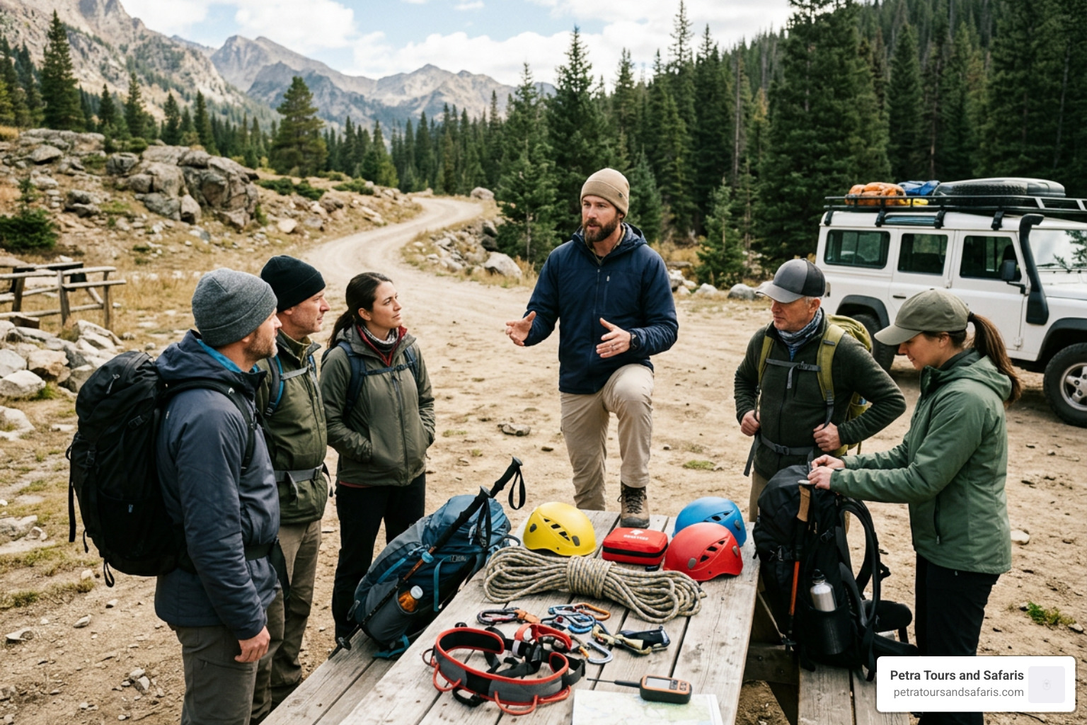 Guided expedition safety briefing and gear check