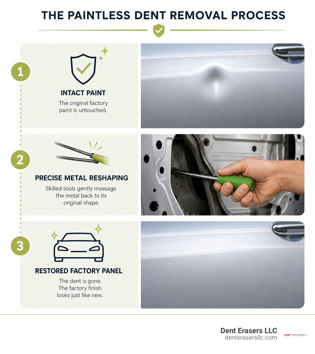 Infographic showing intact paint, precise metal reshaping, and restored factory panel infographic Infographic Showing Intact Paint, Precise Metal Reshaping, And Restored Factory Panel Infographic