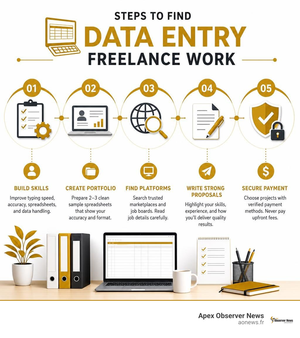 Steps to find data entry freelance work: skills, portfolio, platforms, proposals, secure payment infographic