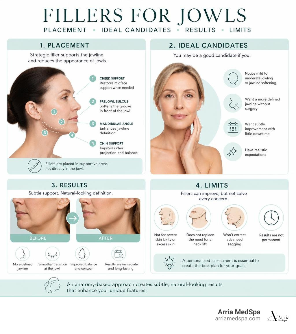 Infographic Showing Jowl Filler Placement, Ideal Candidates, Results, And Limits Infographic