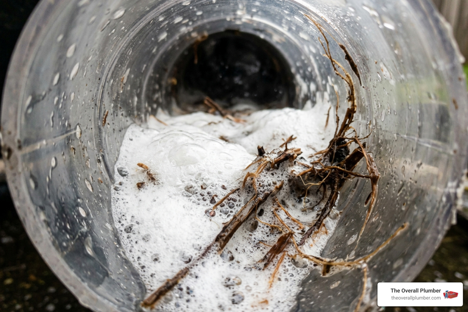 Foaming chemical root killer bubbling inside a drain pipe after mechanical augering