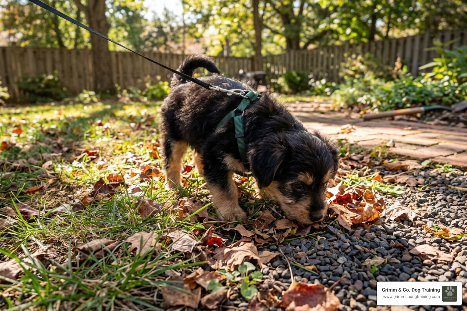 Young puppy experiencing novel textures outdoors on a safe lead Young puppy experiencing novel textures outdoors on a safe lead