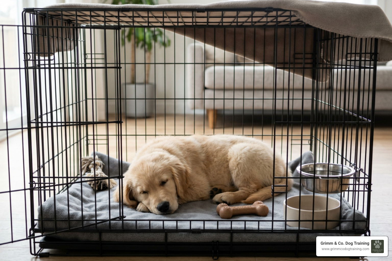Calm puppy resting inside a properly sized crate with enrichment Calm puppy resting inside a properly sized crate with enrichment