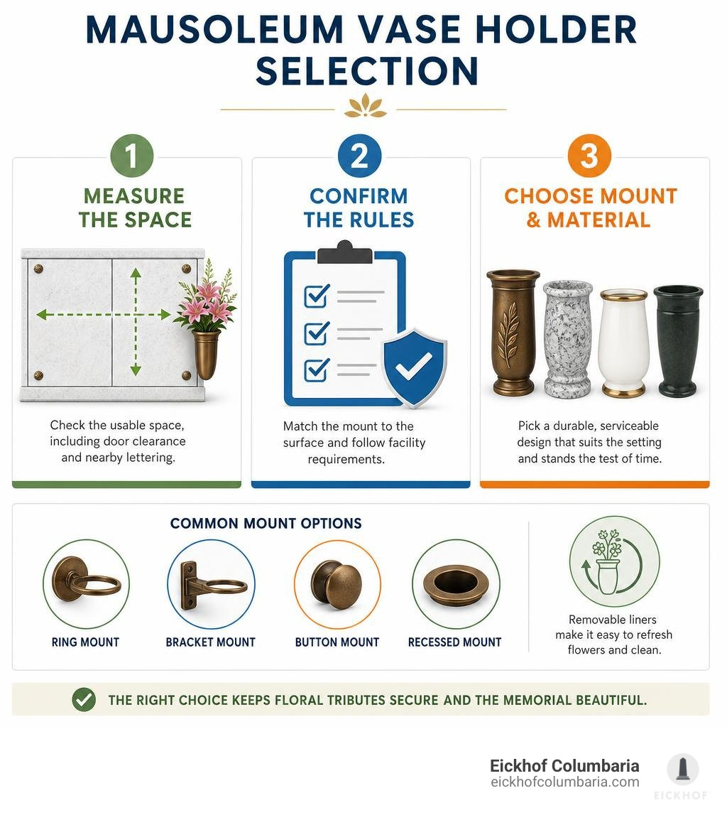 Mausoleum vase holder selection: measure space, confirm rules, choose mount and material infographic