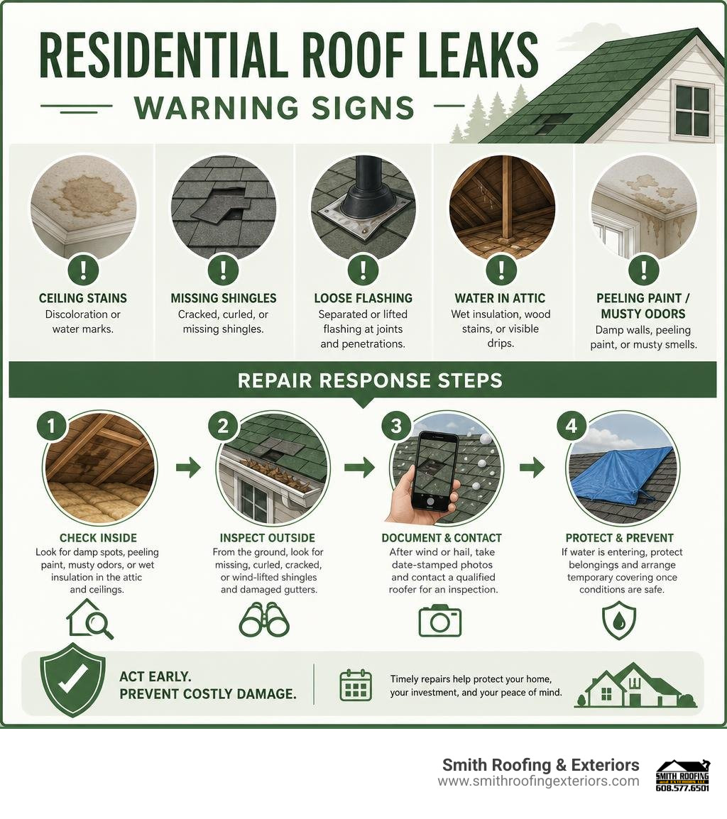 Residential roof leak warning signs and repair response steps infographic Residential roof leak warning signs and repair response steps infographic
