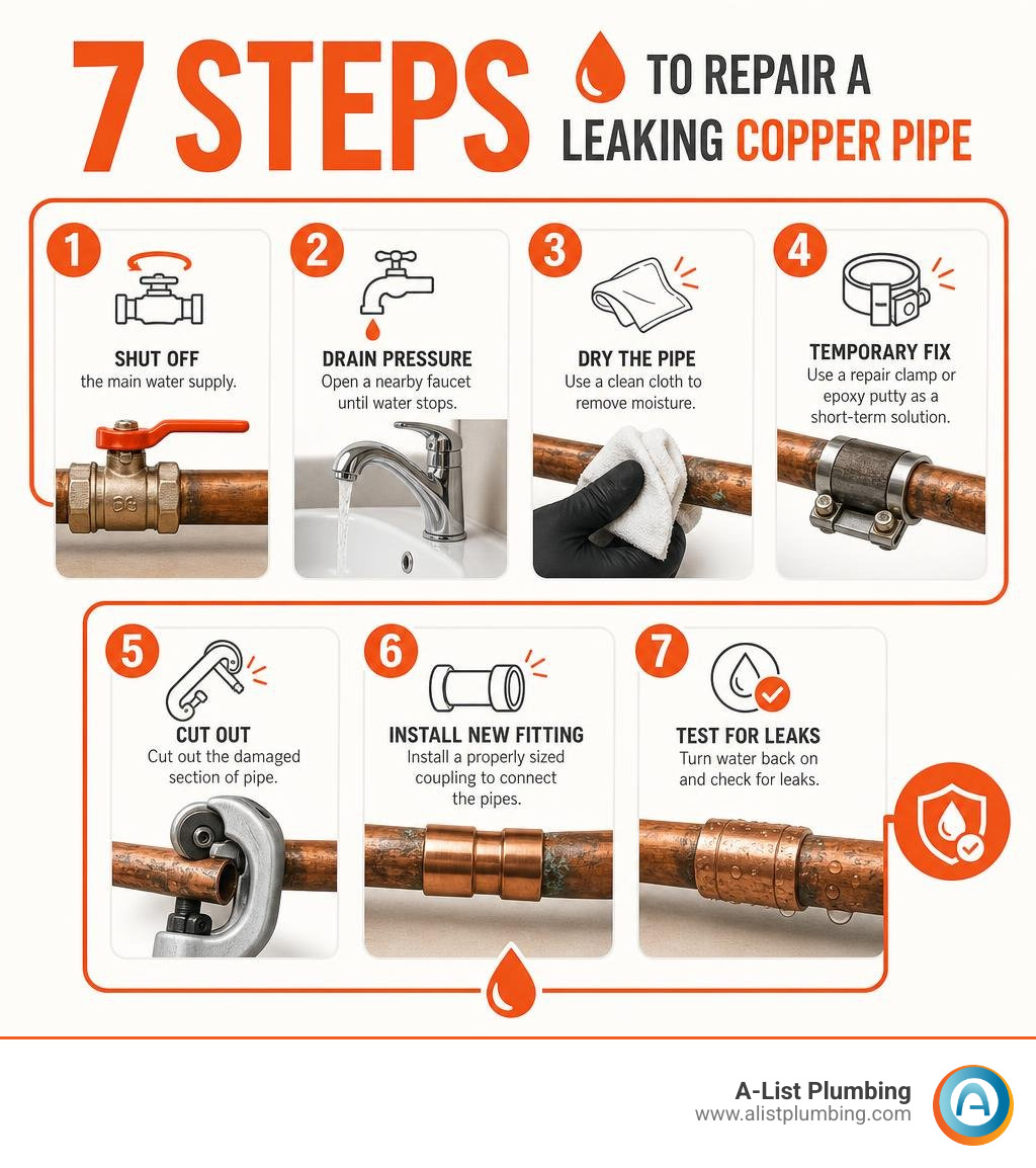 Infographic showing seven steps to repair a leaking copper water pipe infographic
