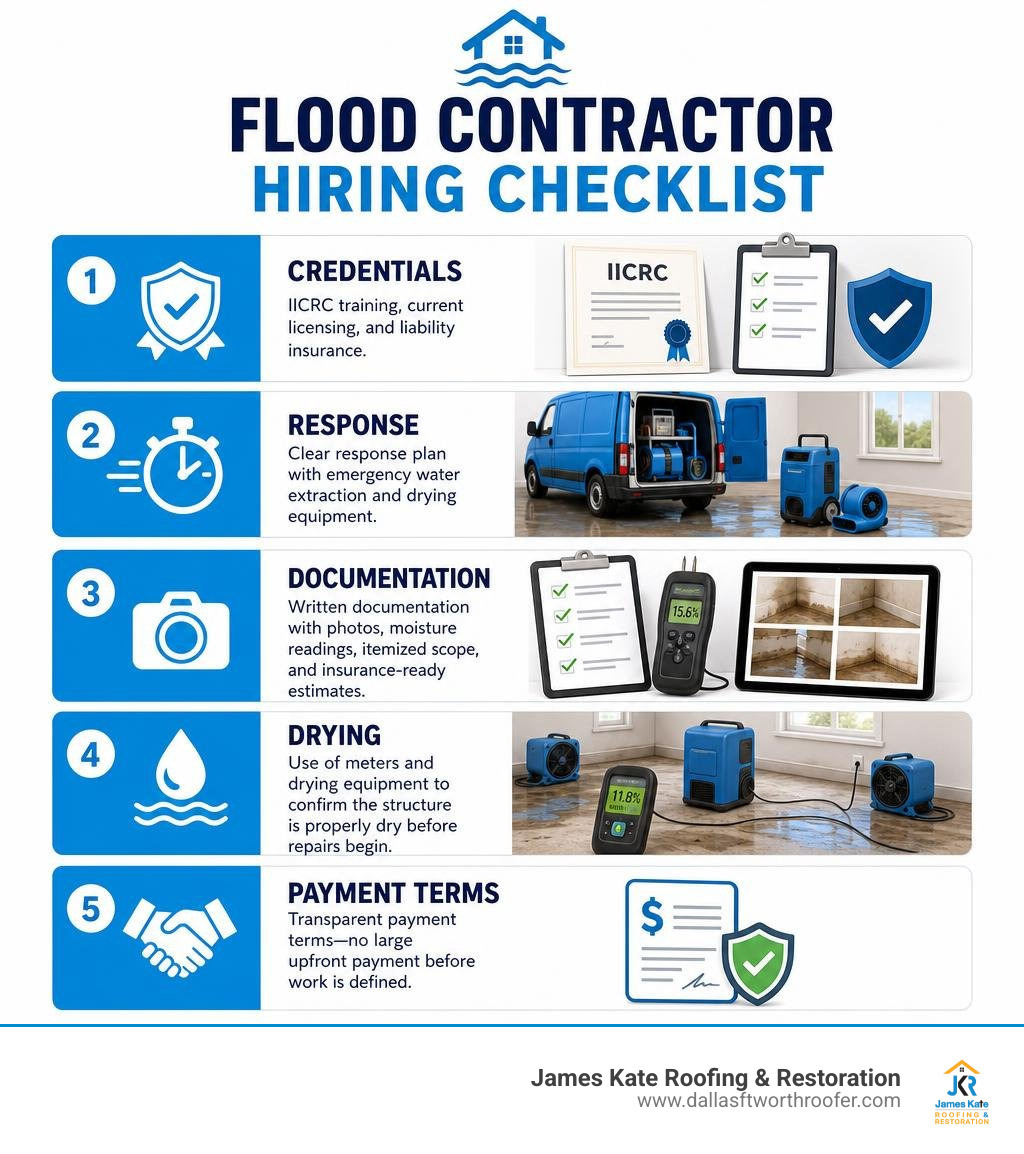 Flood contractor hiring checklist: credentials, response, documentation, drying, and payment terms infographic Flood contractor hiring checklist: credentials, response, documentation, drying, and payment terms infographic