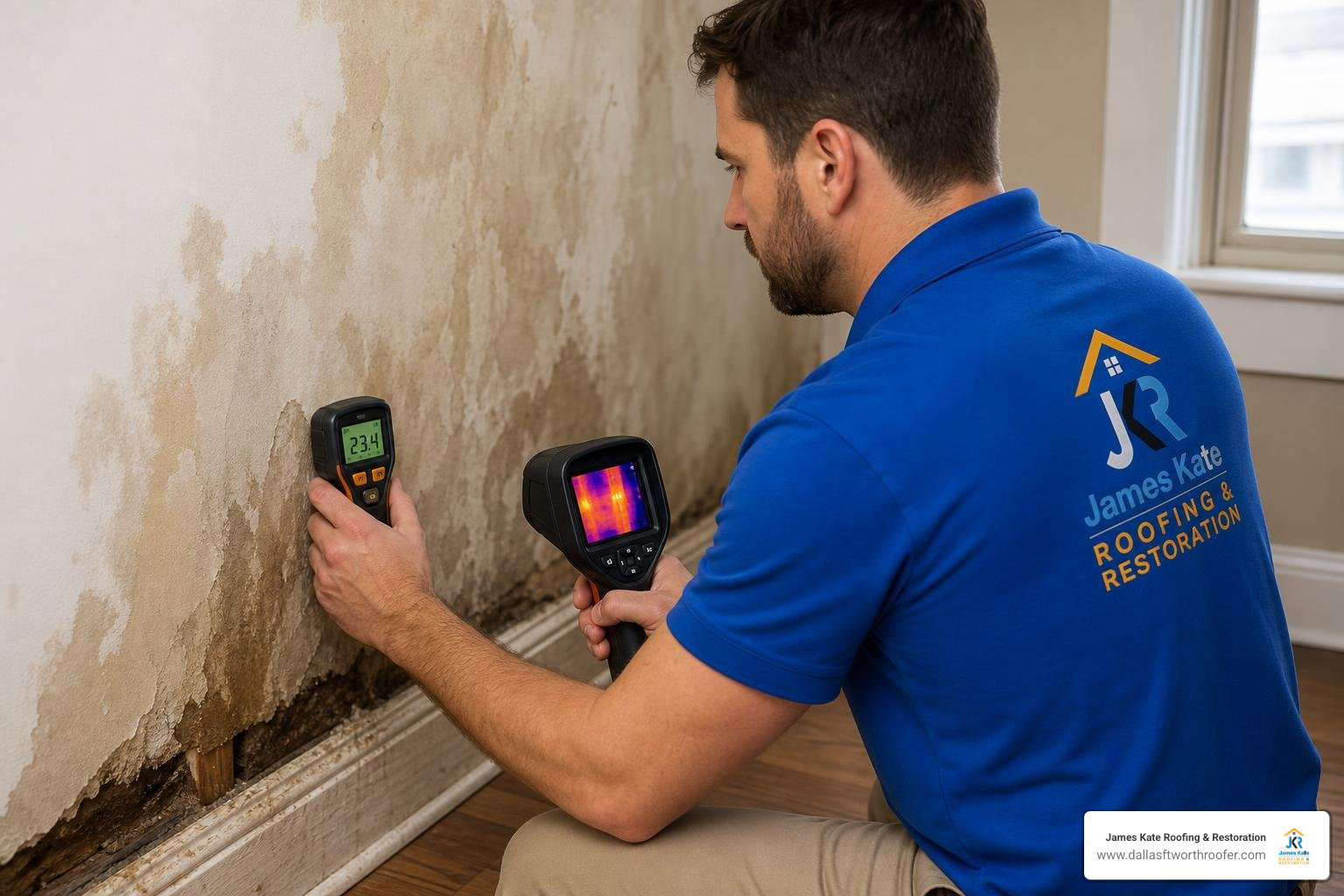 Technician using moisture meters and thermal imaging in royal blue James Kate shirt Technician using moisture meters and thermal imaging in royal blue James Kate shirt