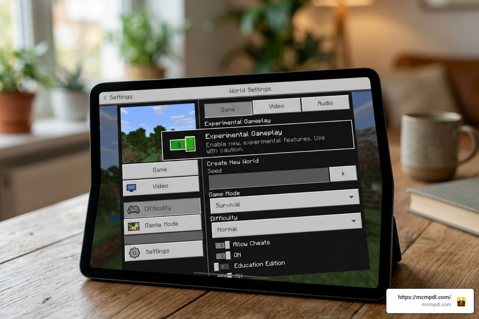 Minecraft Bedrock world settings showing experimental gameplay toggle