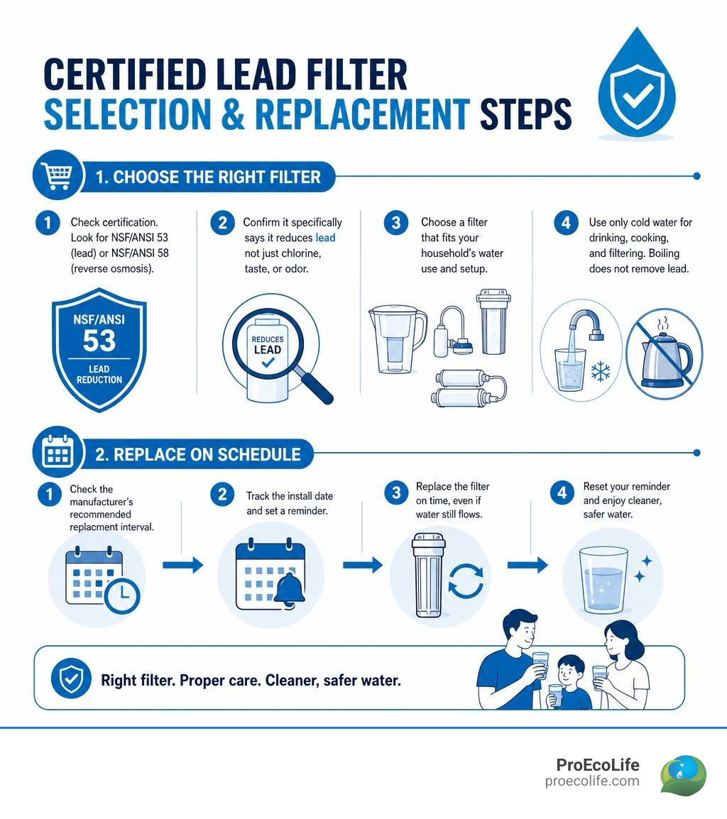 Infographic showing certified lead filter selection and replacement steps infographic
