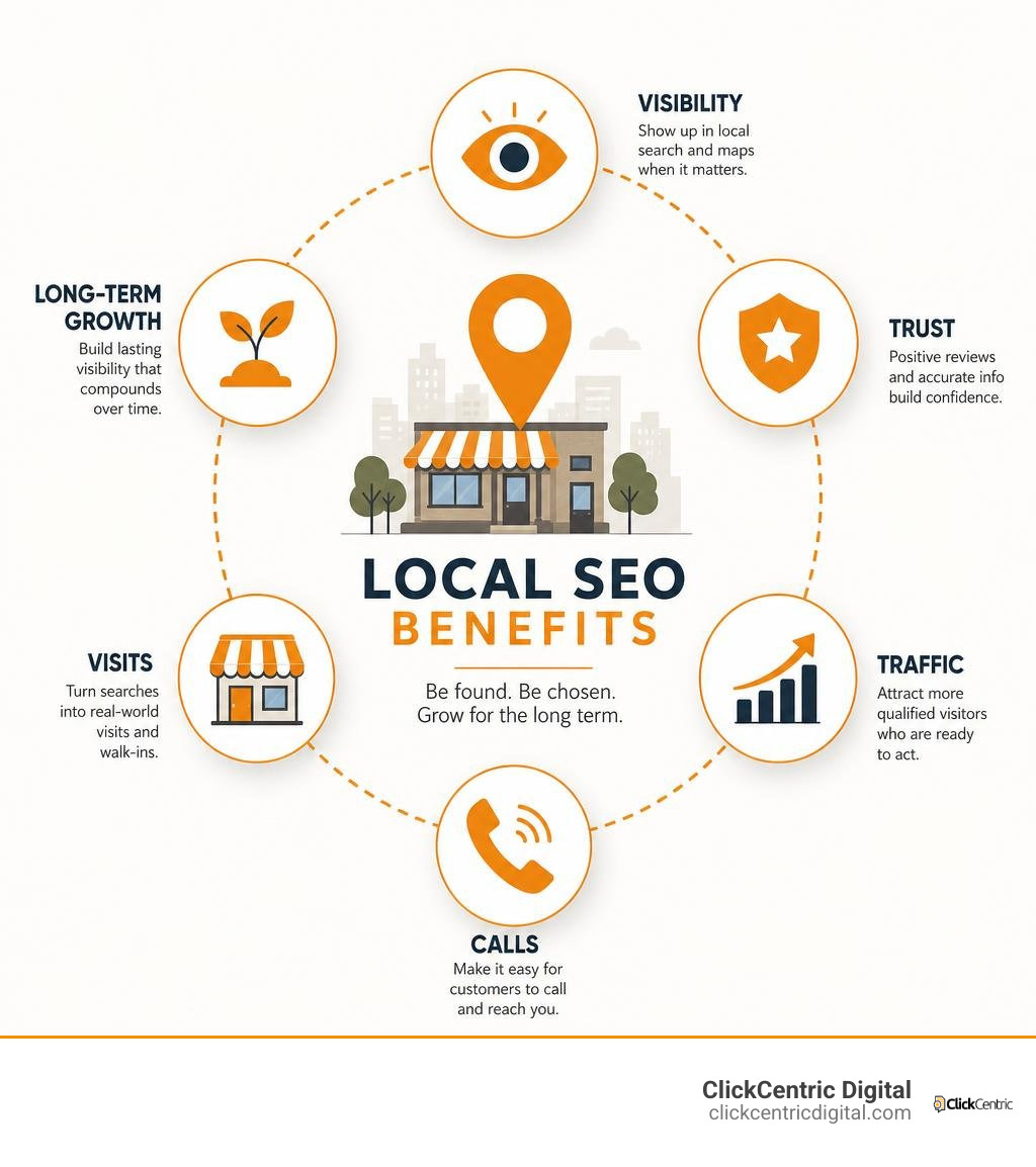 Local SEO benefits: visibility, trust, traffic, calls, visits, and long-term growth infographic