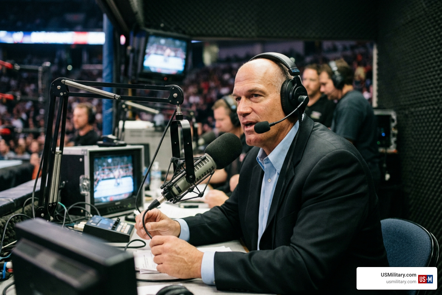 Jesse Ventura behind a broadcast microphone Jesse Ventura behind a broadcast microphone
