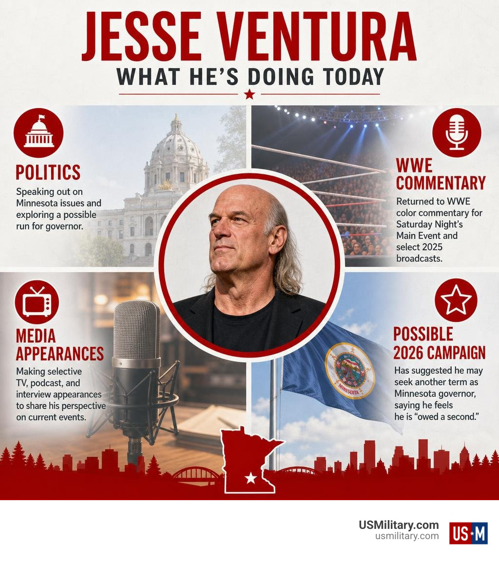 Jesse Ventura current activities: politics, WWE commentary, media, and possible 2026 campaign infographic Jesse Ventura current activities: politics, WWE commentary, media, and possible 2026 campaign infographic