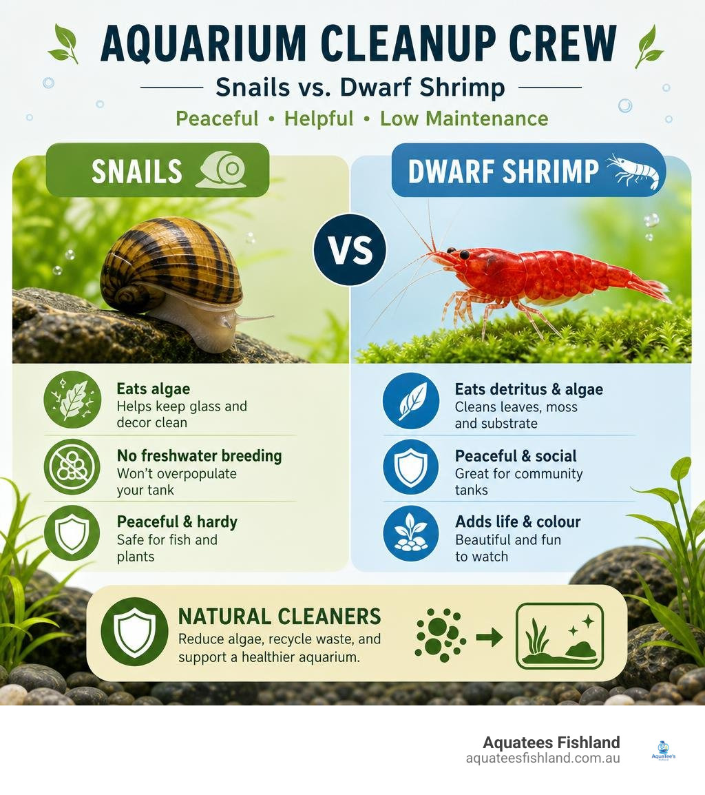 Infographic comparing peaceful aquarium cleanup crew members like snails and dwarf shrimp infographic